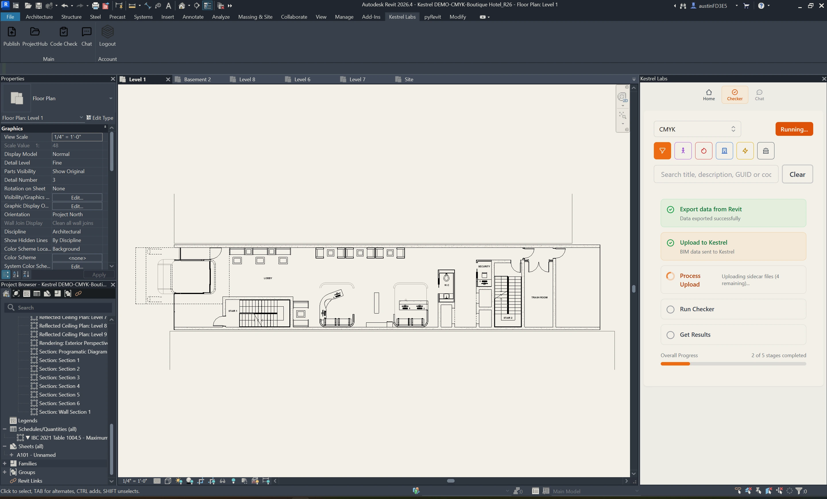 Kestrel running inside Revit on a building floor plan, with the Compliance Analysis sidebar on the right listing live building code violations against the BIM model.